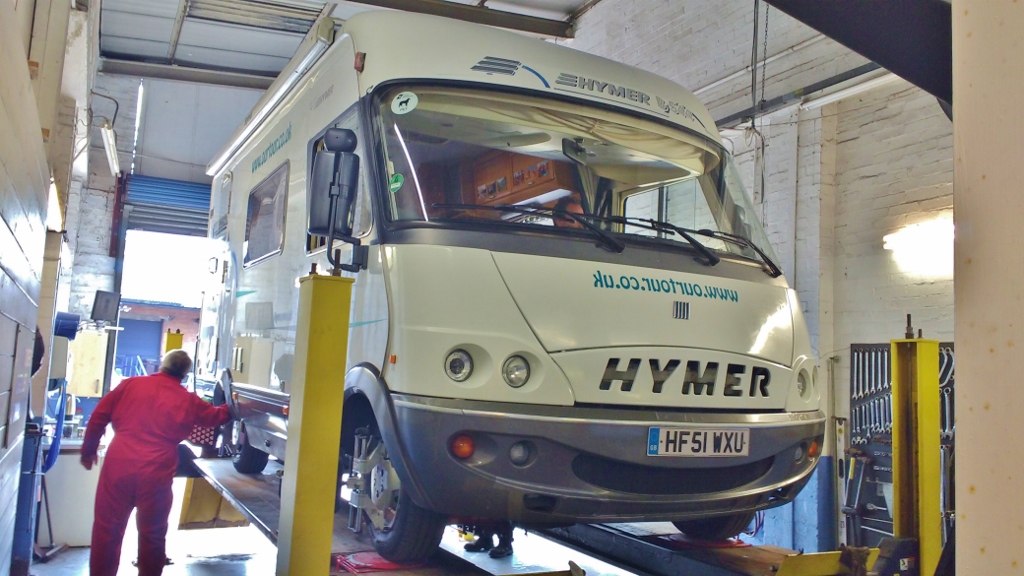 motorhome on garage lift