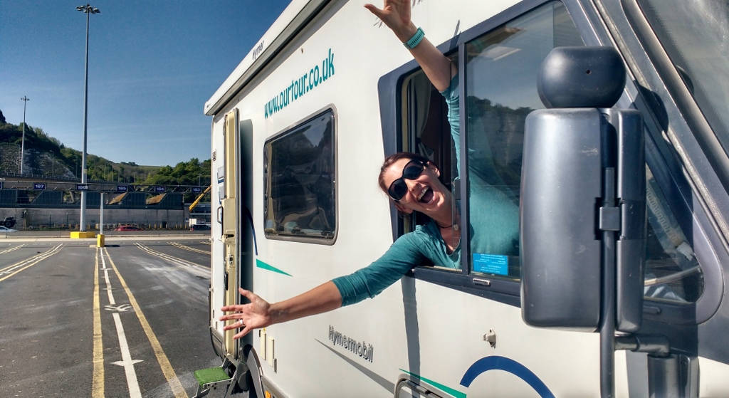 setting off on a motorhome tour of Europe in queue at Dover