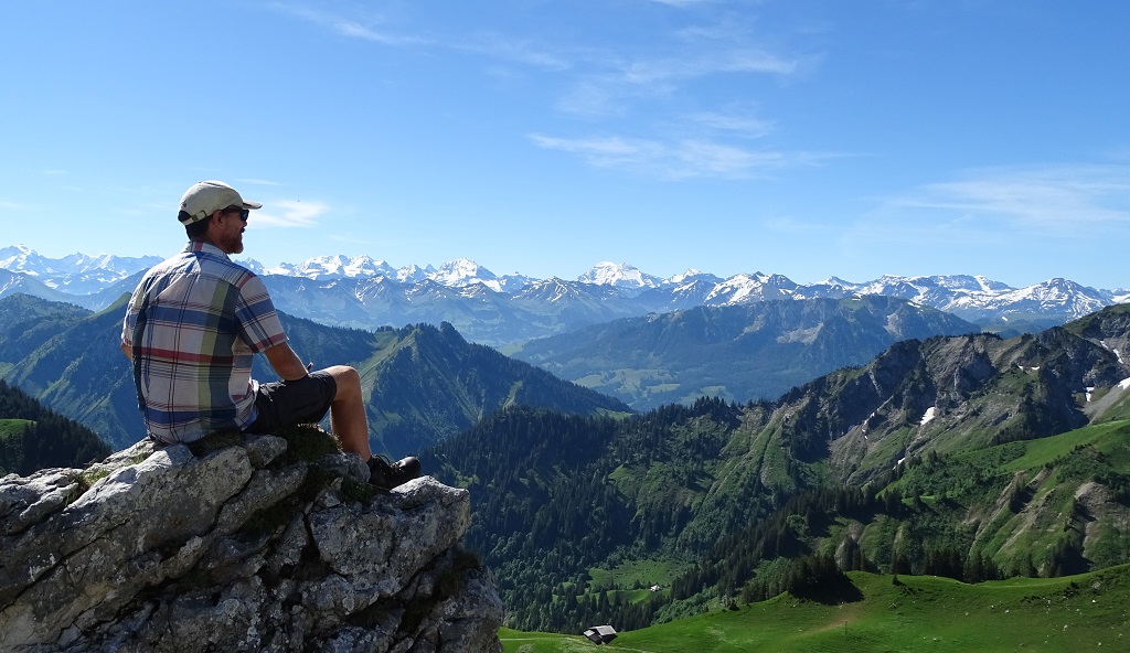 Looking south to the snow-capped Bernese Alps in Switzerland