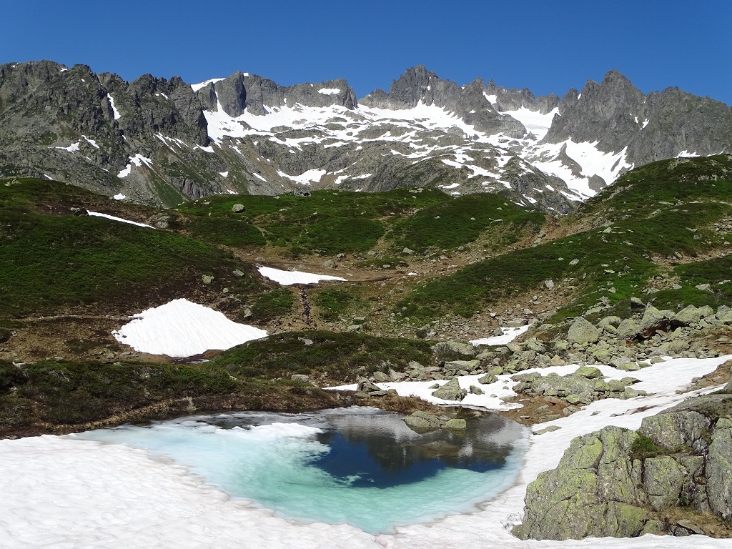 A semi-frozen lake in June in the mountains near the Sustenpass