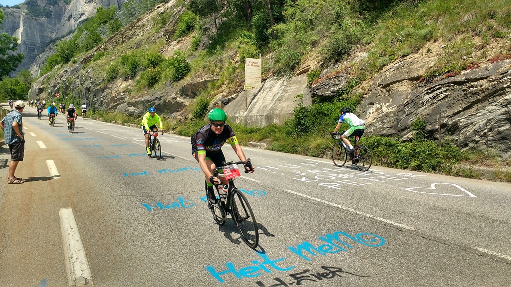 Alpe d'HuZe cyclists on the way up to, or down from turn 21, only another 20 hairpins after that!