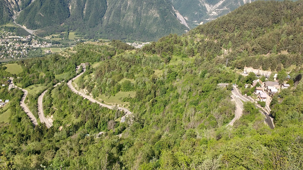 Some of the Alpe d'Huez hairpins with Bourg d'Oisans below in the valley
