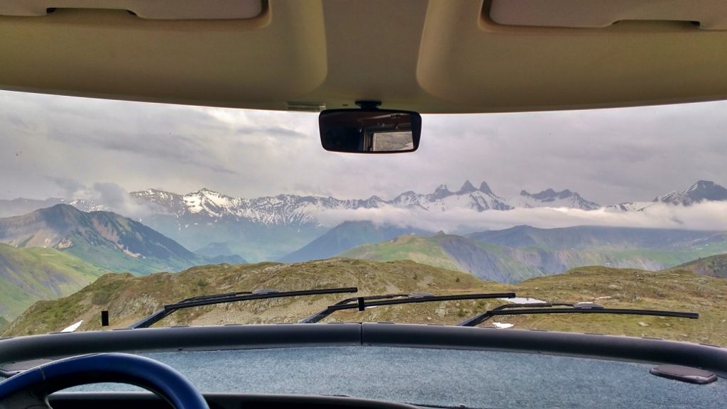 Hymer windscreen view from Col de la Croix de Fer, France