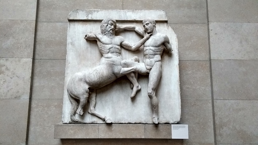 A lapith fighting a centaur on one of the Elgin Parthenon marbles in the British Museum