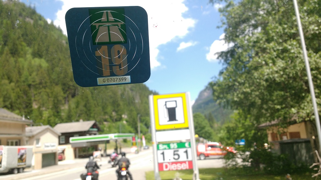 The 2019 Swiss vignette attached to our windscreen