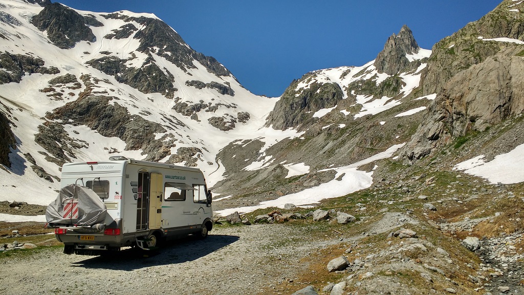 Zagan in paradise, in the Umpol Obererparkplatz below the Stone Glacier off the Sustenpass. Motorhome free wild camping