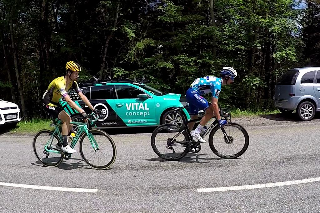 Lead cyclists on a stage of the Critérium du Dauphiné near the top of the Col du Granier