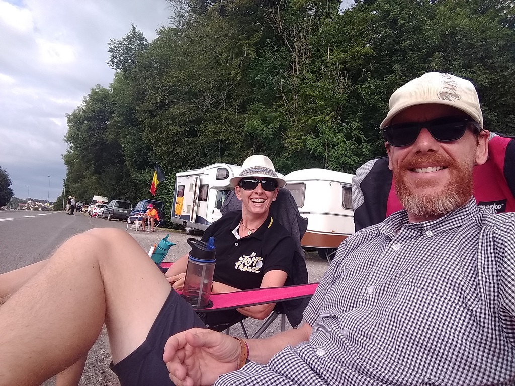 Chairs out by the side of a closed road awaiting Le Tour. It's a great atmosphere.