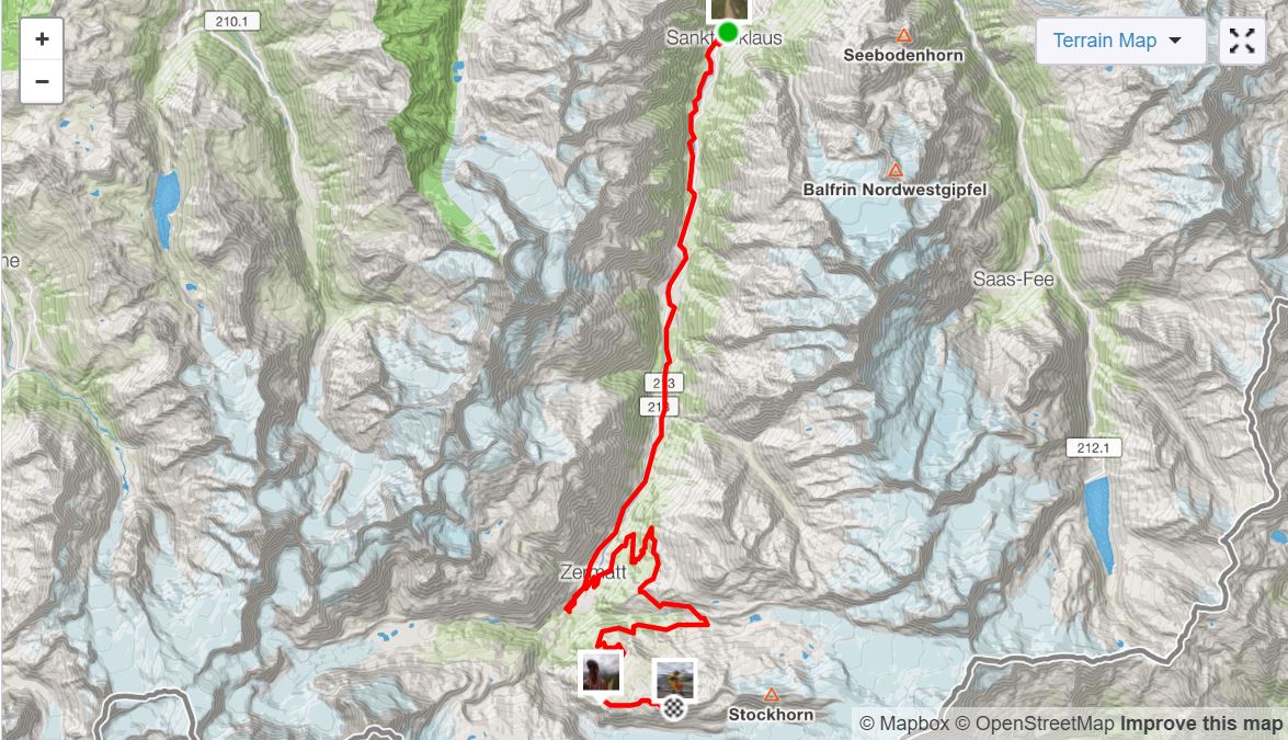 The Zermatt Ultramathon course, running south and uphill in the Zermatt valley before twisting around the mountainside and ending at Gornergrat