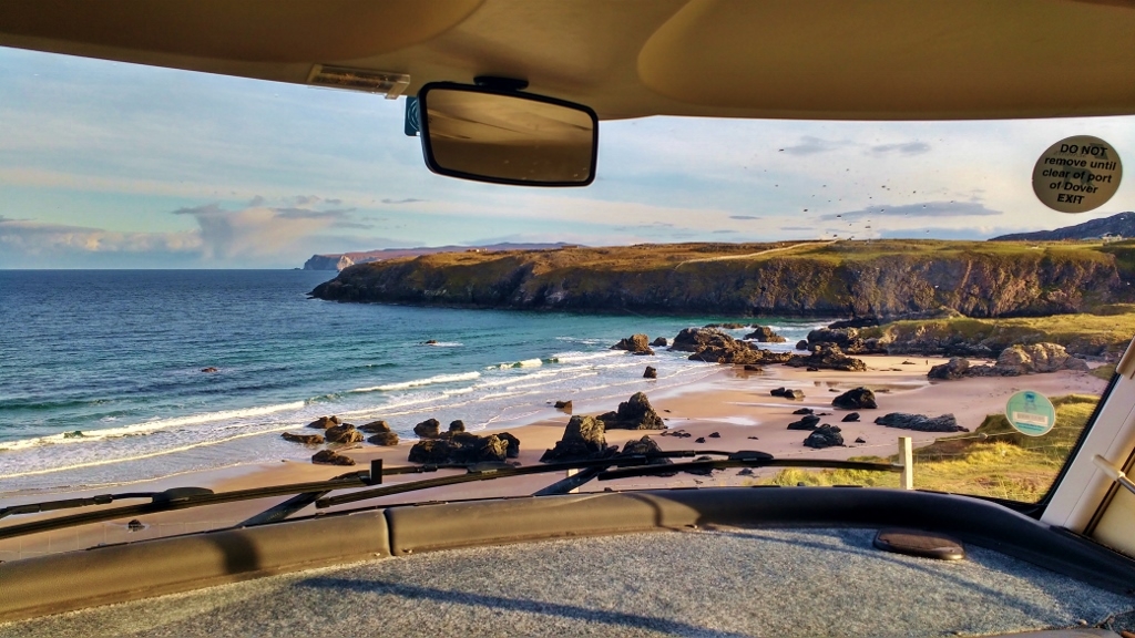 Hymer Motorhome View over Sango Sands Beach from Campsite