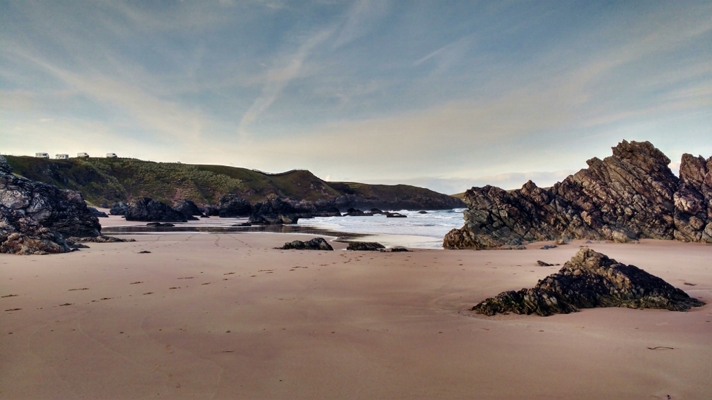 Sango Sands Motorhomes viewed from Sango Bay Beach NC500 Scotland