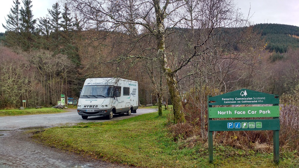 A motorhome parked in The North Face Car Park for Ben Nevis, Scotland
