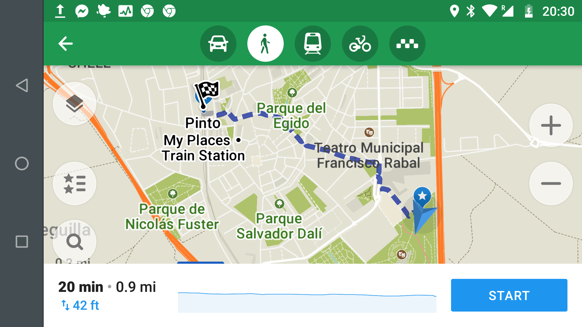 Using maps.me to plot a walking route from the Pinto motorhome aire to the train station