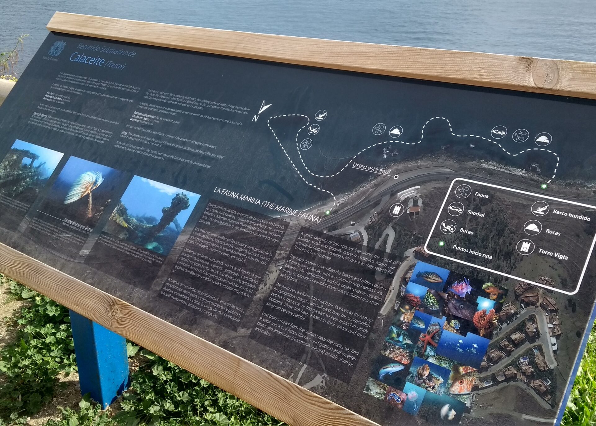 The sign on the N-340 west of Nerja showing the location of The Dolphin Shipwreck