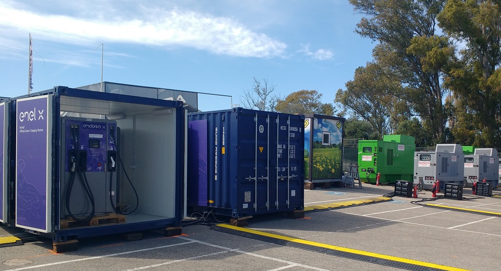 The all-electric MotoE bikes are being tested at Jerez in a few days and these appear to be the charging points, complete with diesel generators in the background.