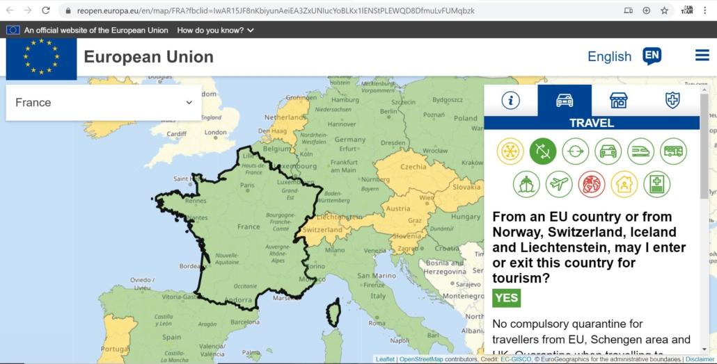 The Re-open EU Map, showing the latest travel restrictions across the EU