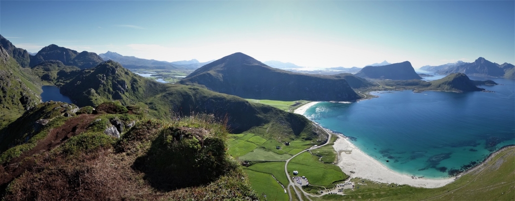 Motorhomes Free Camping Far Below at Haukland Beach, Lofoten Islands, Norway