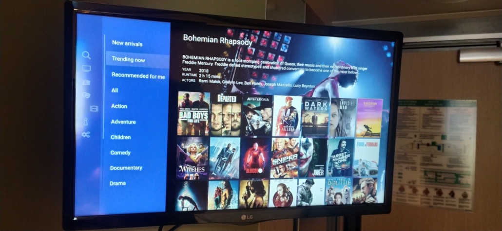 Free films with the on-board TV system on the Galicia. We watched Bohemian Rhapsody and Dunkirk