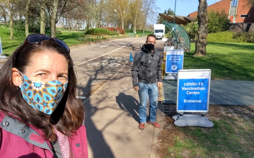 Heading in to get our COVID-19 vaccination at an old TV studio in Nottingham.