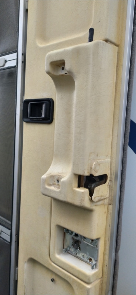 Motorhome habitation door before painting with plasti-kote.