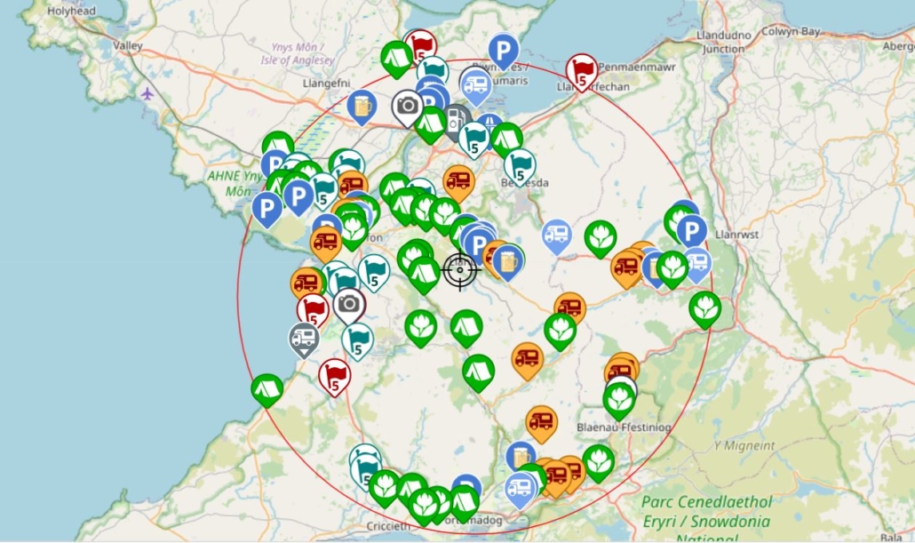 Motorhome and camper van campsites around Snowdonia on searchforsites.co.uk