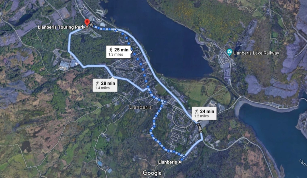 Map showing The start of the Llanberis Snowdon Path from the Campsite in Llanberis