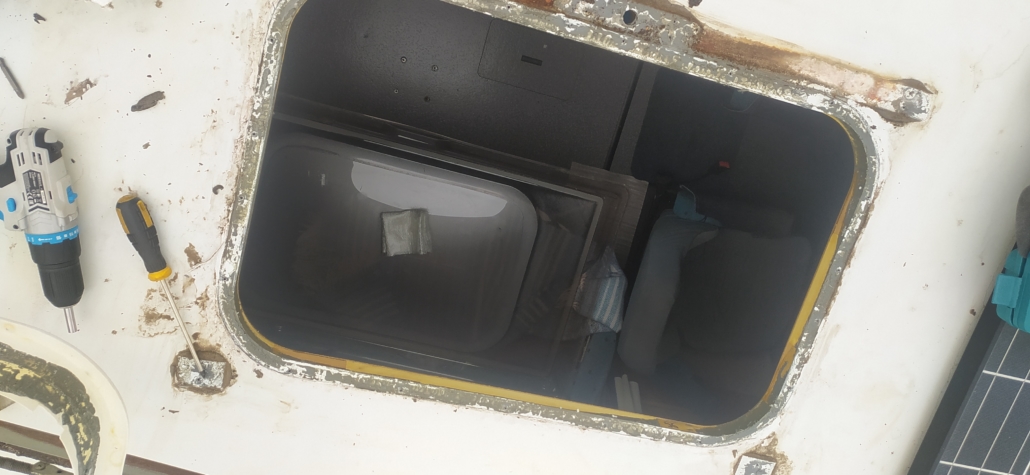 Old mastic sealant motorhome skylight caravan roof window.