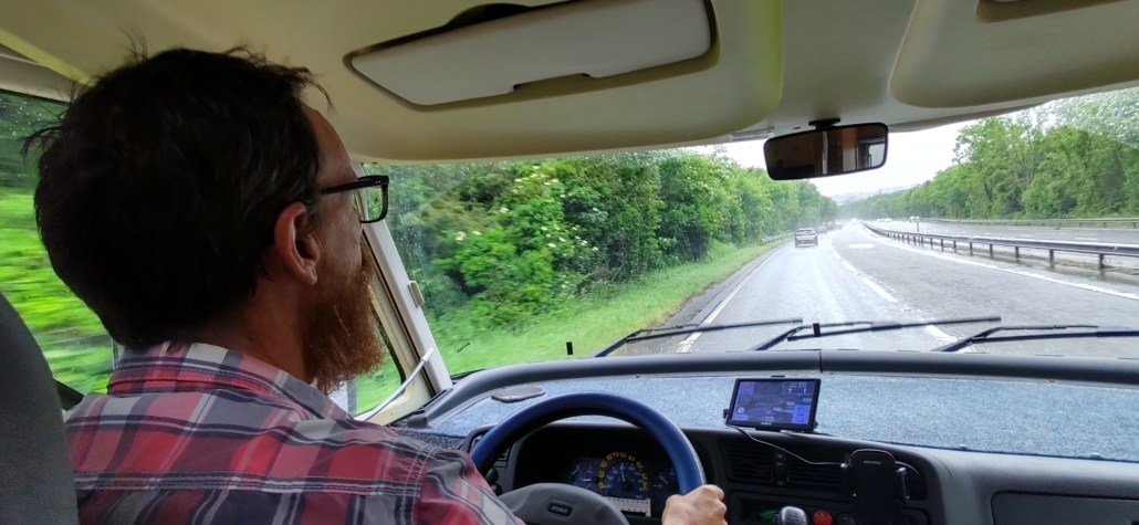 Left hand drive motorhome driving road UK