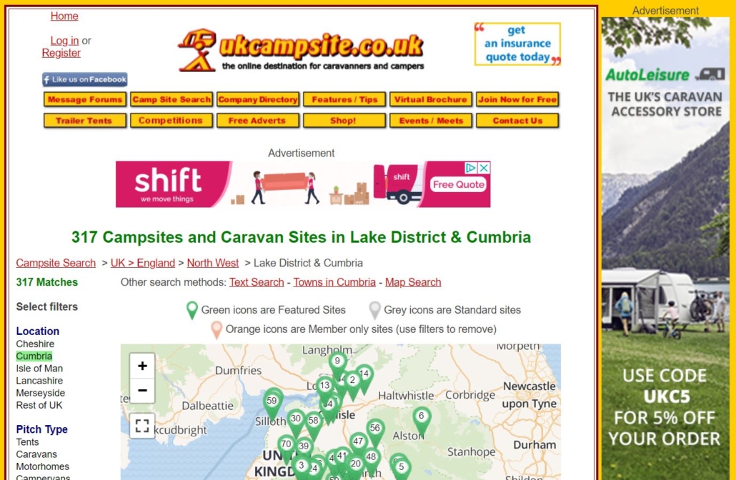 The ukcampsite.co.uk showing campsites for tents, caravans, motorhomes and campervans