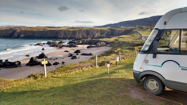 Motorhome at Sango Sands Campsite NC500 Scotland Beach