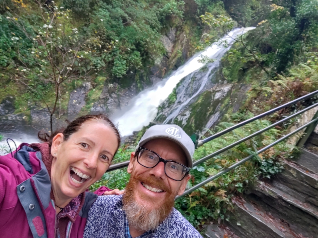 Me and Ju at the impressive Mynach Falls below Devil's Bridge a few miles from Aberystwyth .
