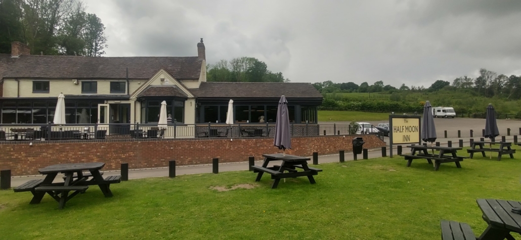 Our motorhome's overnight spot in the huge, quiet car park at the Half Moon Inn at Jackfield