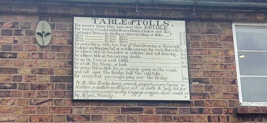 Sign showing tolls for the iron bridge at Ironbridge