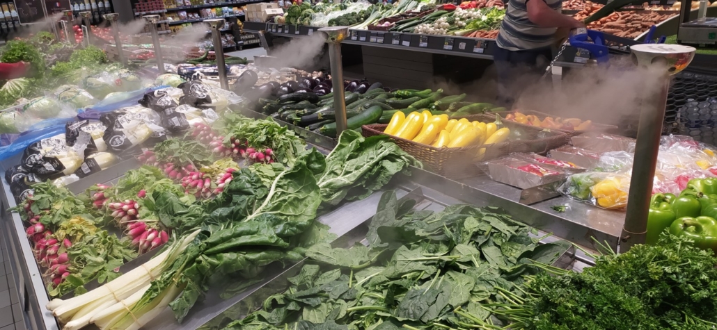 Fresh veg being 'misted' at Super U. After seeing this we've realised Super U might be the equivalent of Waitrose in France