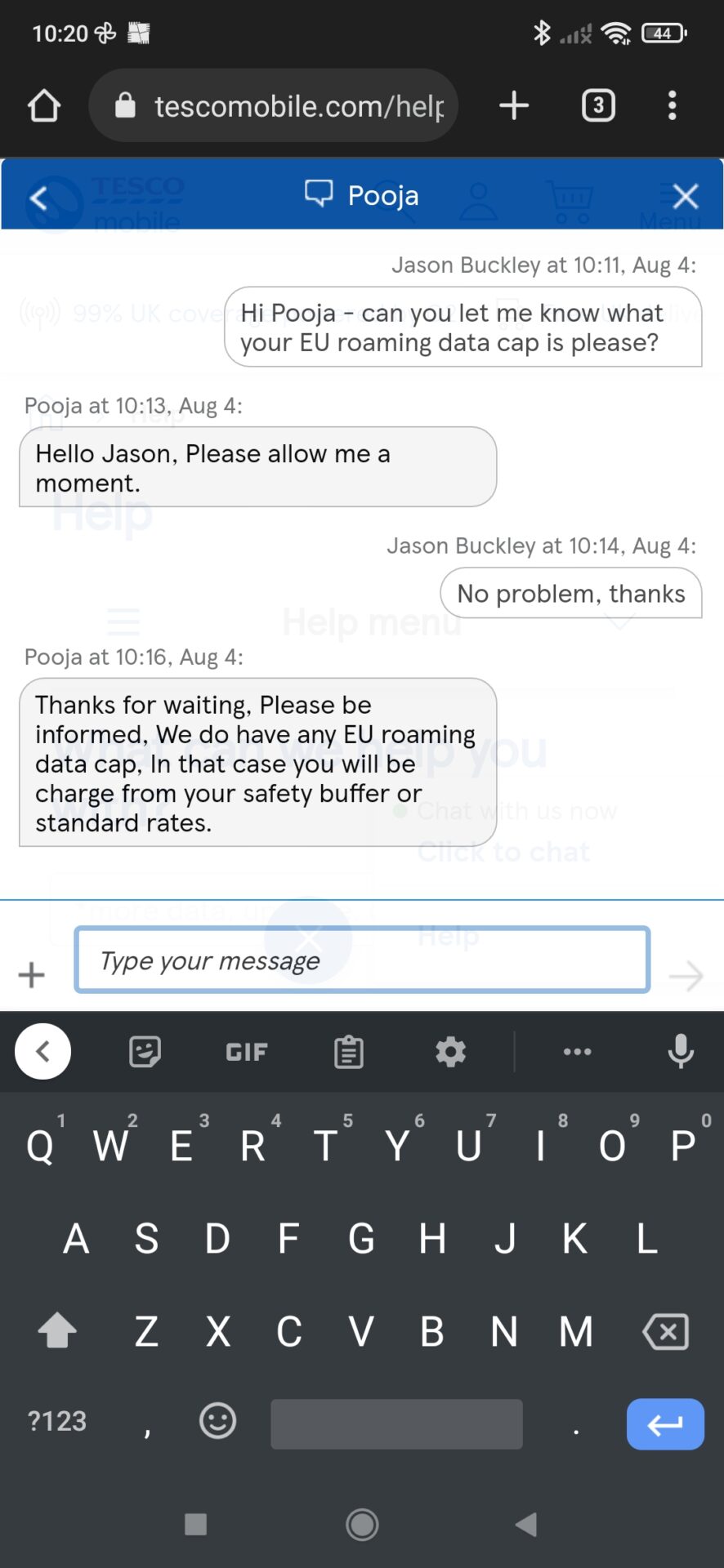 Tesco Mobile Web Chat confirming they don't currently have an EU roaming data cap