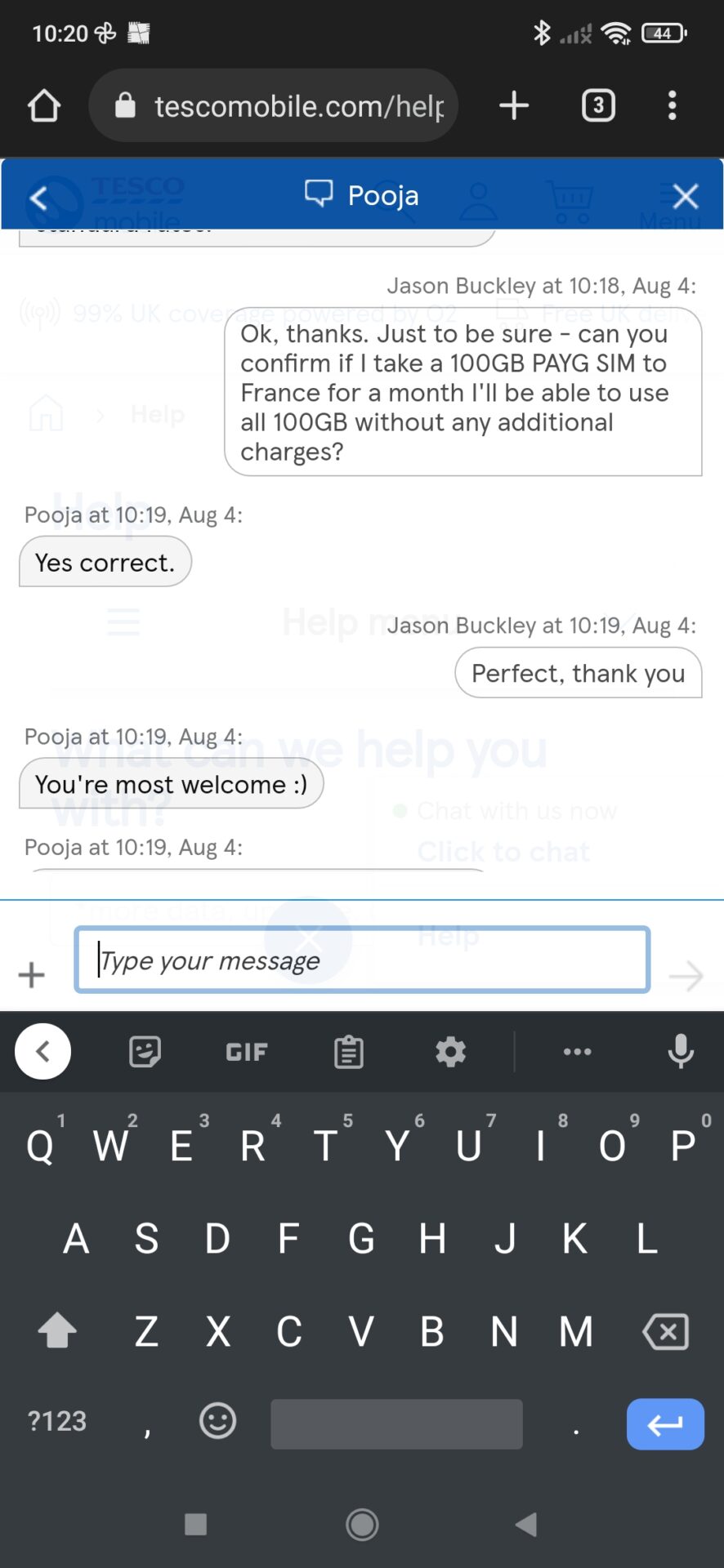 Tesco Mobile Web Chat confirming they don't currently have an EU roaming data cap
