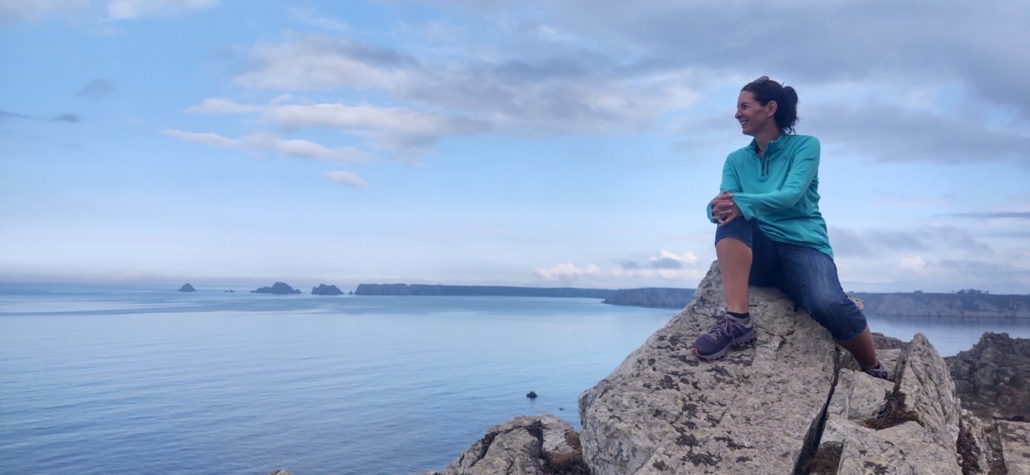 Ju soaking up the sea views with La Pointe de Penhir in the background