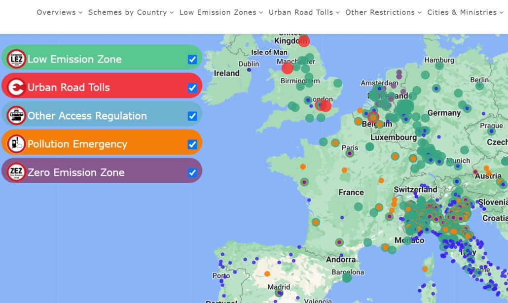 Map of LEZs and other restricted-access areas across Europe