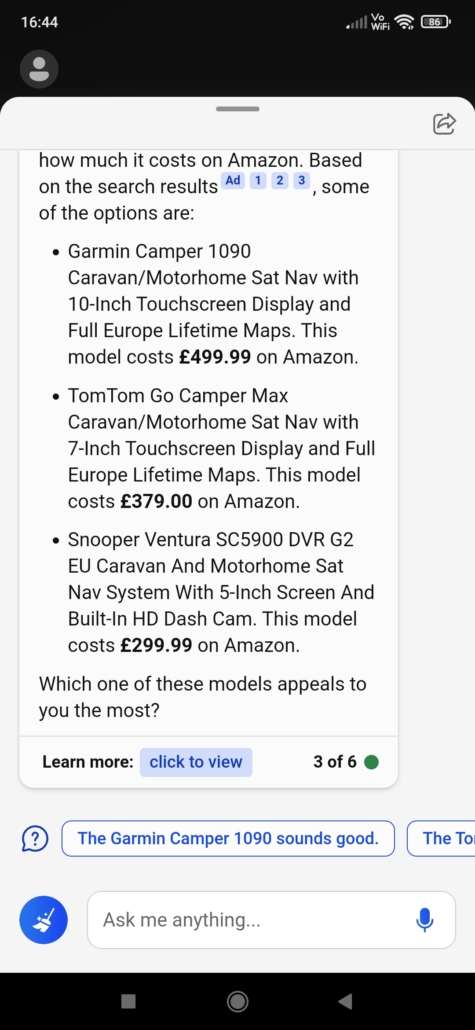 An example AI-powered response from Bing, this time about motorhome satnavs.