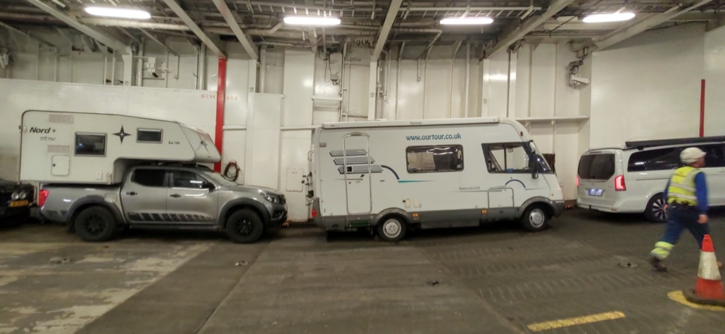 Our motorhome on the car deck of the ferry to Ireland 