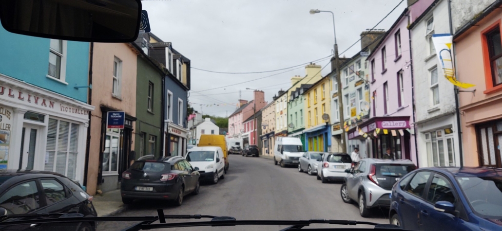 The occasional squeeze point through towns, this is us coming into Schull. Very little traffic though.