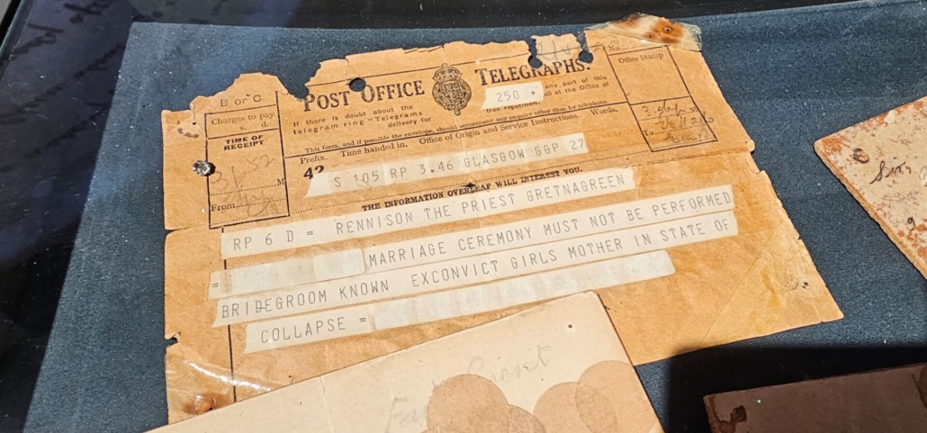 Old telegram asking for wedding to not be performed because the groom is an exconvict and the girls mother is a state of collapse.