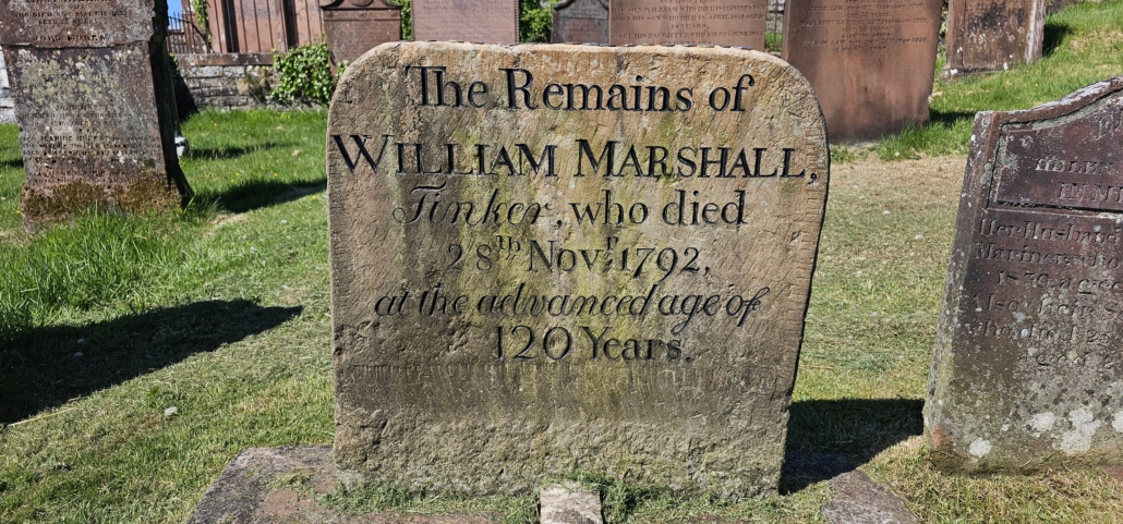A gravestone of a 'tinker' in Kirkcudbright which claims he was 120 years old. Hmmmm.