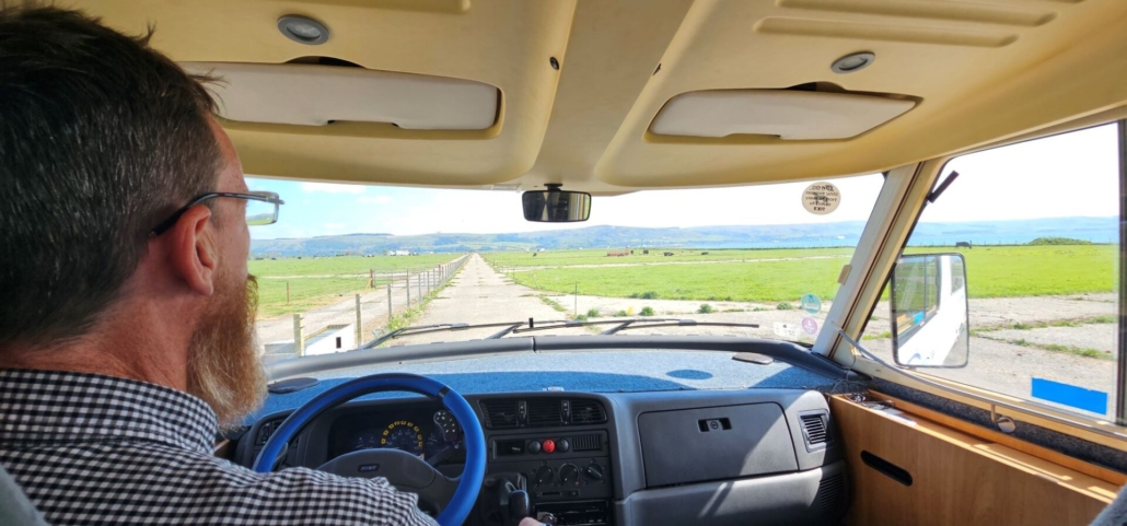 View out of the windscreen looking along the concrete 'runway'