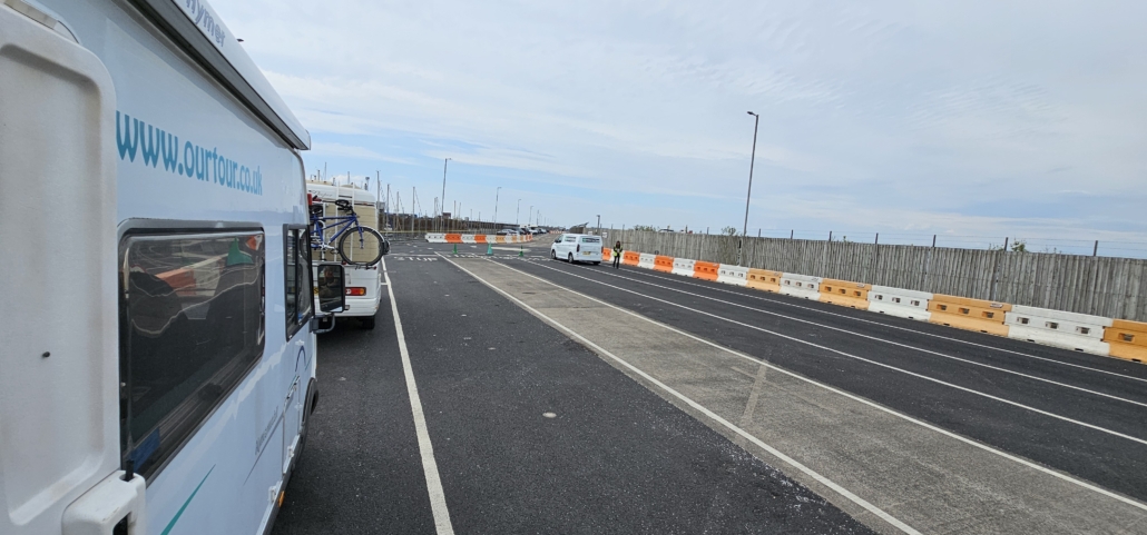 Motorhomes queuing to check in at Troon ferry port