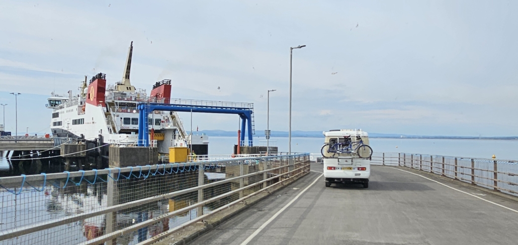 A motorhome boarding the ferry from Troon to Brodick on the Isle of Arran
