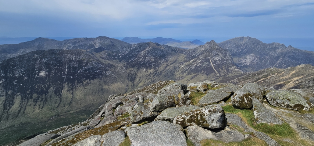 The mountain range across the north of Arran seen from Goatfell summit