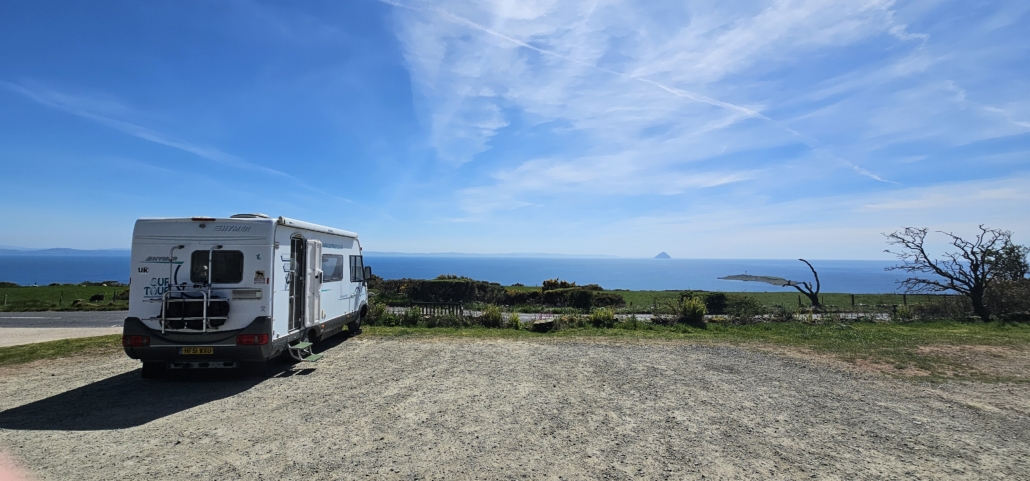 Motorhome parked in tolerated parking car park above Kildonan