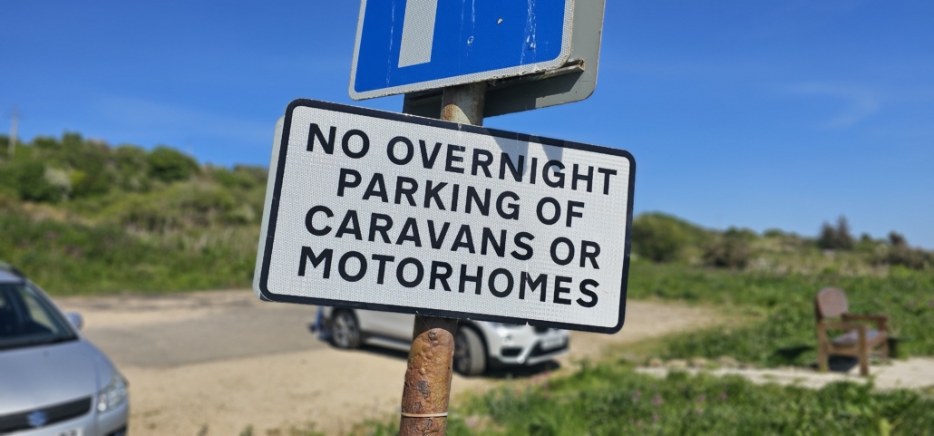 No Overnight Parking of Caravans or Motorhomes sign on Arran