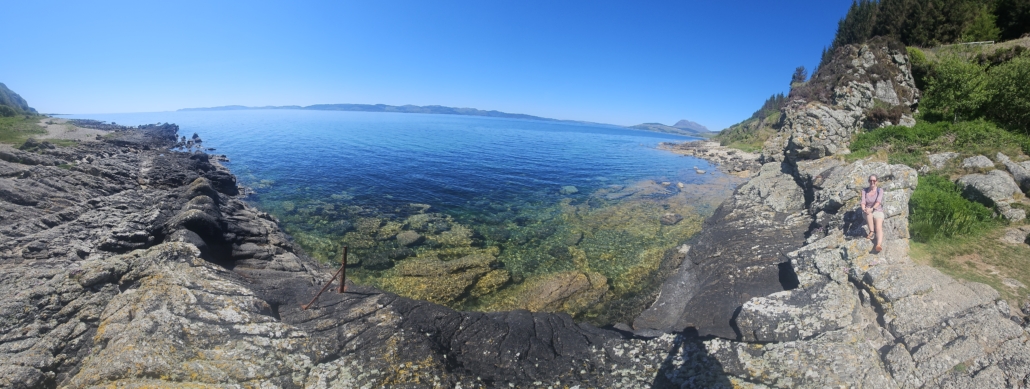 Ju at the sea on the King's Cave walk on Arran